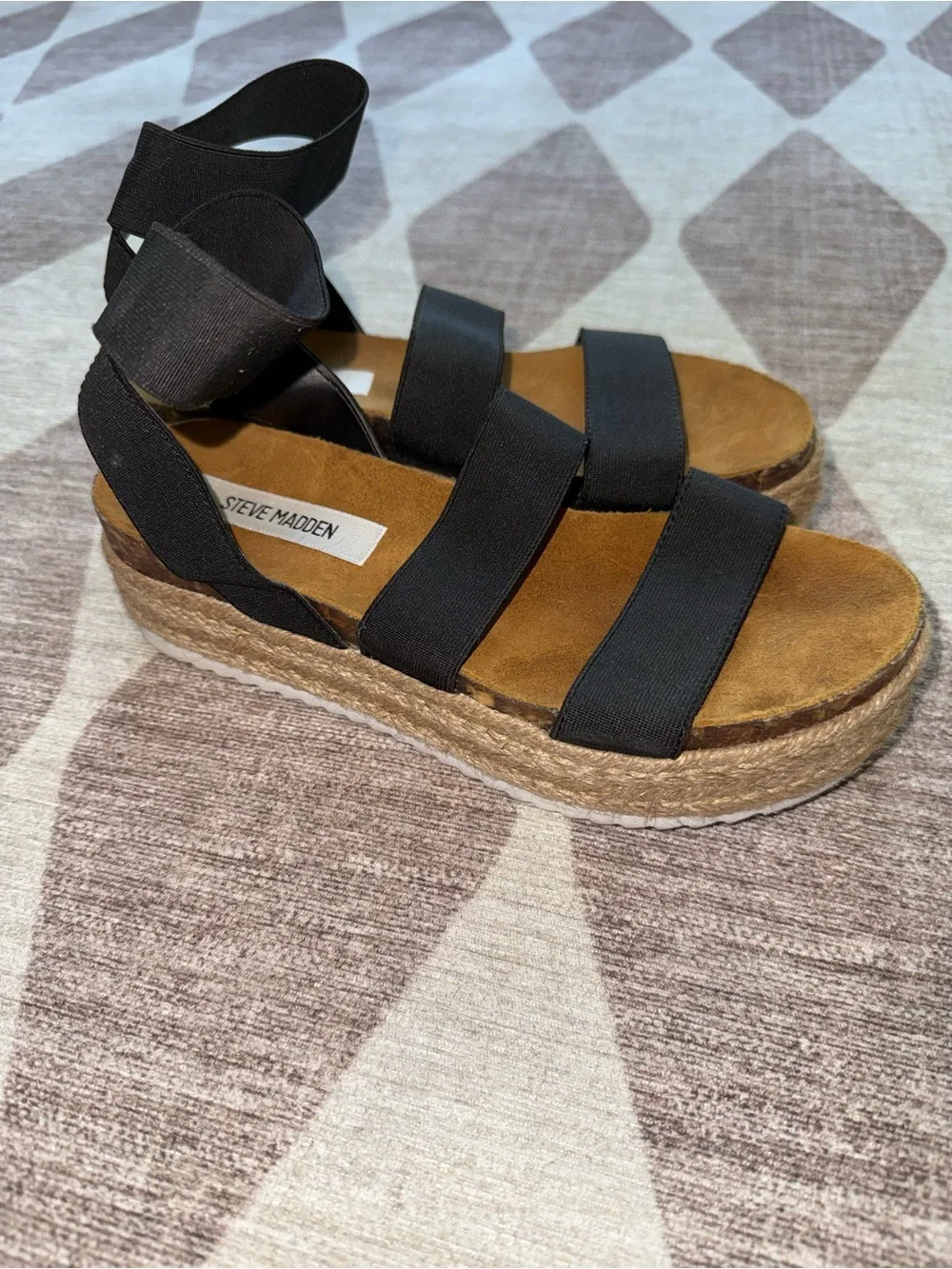 Steve Madden Black Strap Tan Espadrille Wedge Sandals